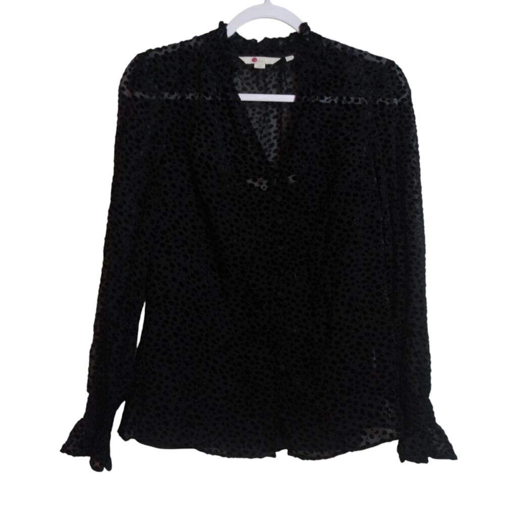 Boden Evangeline Elegant Sheer Black Velvet Polka Dot Blouse Top Size 6